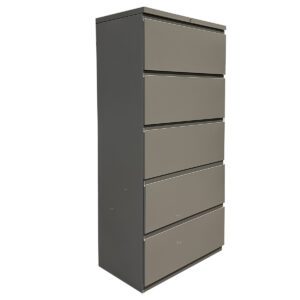 Used 30" W 5-Drawer Lateral File in Dark Gray A reliable storage solution offering ample capacity and smooth functionality. Five spacious drawers  dark gray finish Locking mechanism for secure storage Dimensions: 30"W x 19"D x 64"H Perfect for organizing files in offices, archives, and storage rooms.