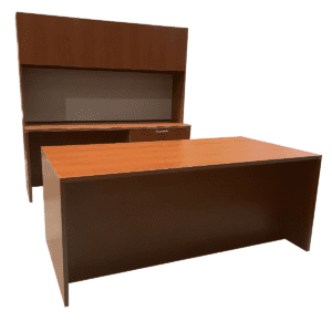 Used 73"W OFS Cherry Desk with Credenza & Hutch This expansive cherry desk set includes a matching credenza and hutch, offering ample workspace and organized storage for a professional office setup. Desk features a box/box/file pedestal for versatile storage Credenza includes a two-drawer lateral file for document management Hutch with underlight provides additional storage and task lighting Dimensions: Desk: 73"W x 37"D x 30"H Credenza: 73"W x 23"D x 30"H Hutch: 73"W x 15"D x 43"H Ideal for executive offices, law firms, and private workspaces.