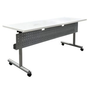 Used Special T 72" W Mobile Flip-Top Training Table in White Enhance flexibility and collaboration in your training or meeting spaces with this mobile flip-top table. Its durable white surface and silver frame provide a professional look, while practical features make it easy to use and move. Flip-top design for easy storage and transport. Modesty panel with cable management tray for a clean workspace. Locking casters for stability when in use. Dimensions: 72"W x 24⅛"D x 29"H Perfect for training rooms, classrooms, and collaborative settings.