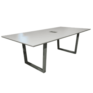 Used Clear Design 84"W Conference Table with Metal Base and Center Power This Clear Design conference table features an 84-inch width and a knife-edge design, with a metal base for stability and a center power module for easy connectivity during meetings. Knife-edge design Metal base  Center power module Dimensions: 84"W x 42"D x 29"H Perfect for commercial conference rooms and collaborative workspaces.