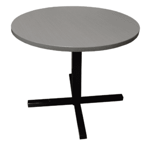 Used 36" Round Table in light Grey Woodgrain with Black Metal "X" Base This round table features a grey woodgrain surface and a sturdy black metal "X" base, providing a practical option for a variety of settings. Light Grey woodgrain surface Black metal "X" base for stability Dimensions: 36" Diameter x 29"H Perfect for commercial breakrooms, collaborative spaces, or casual meeting areas.