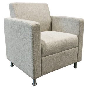 Used Grey Upholstered Lounge Chair W/ Grey Metal Legs This lounge chair combines comfort and style, making it a great addition to various commercial settings. Grey Upholstery Silver Metal Legs  Dimensions: 30" wide x 28" deep x 34" high Ideal for offices, reception areas, and lounge spaces.