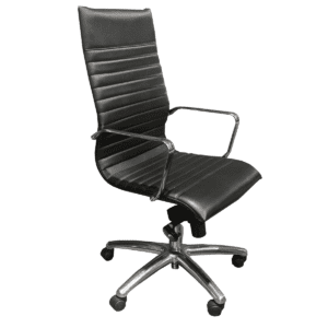 Used High-Back Conference Chair in Black with Polished Aluminum Base & Arms The high-back conference chair features a black vinyl seat and fixed arms, offering comfort and support in professional environments. High-back for added support Pneumatic height-adjustable seat Tilt mechanism with tension control  Tilt-lock mechanism Polished aluminum base Dimensions: 29"W x 29"D x 45"H Perfect for commercial conference rooms, meeting spaces, and executive offices.