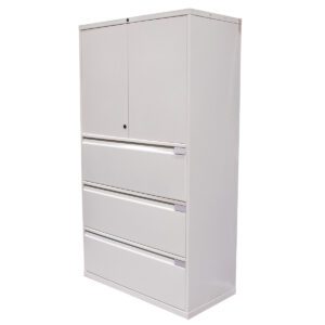 Used 36" Wide Metal 3-Drawer Multifile W/ Overhead Cabinet In White This metal multifile unit includes three drawers and an overhead cabinet, providing versatile storage in a durable white finish. White Metal Finish 3 Drawers Overhead Cabinet Dimensions: 36" wide x 18" deep x 65" high Ideal for organized storage in office environments.