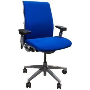 Used Steelcase Think Task Chair In Blue Upholstery W/ Silver Frame This task chair provides ergonomic support with multiple adjustable features, making it a comfortable choice for long hours at work. The blue upholstery and silver frame add a modern touch to any workspace. Blue Upholstery Silver Frame Back Tension Adjustment Back Recline Adjustment Mesh Back Adjustable Arms Ideal for both office and home office settings.