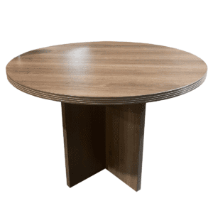 Used 42" W Walnut Laminated Round Meeting Table W/ X Base This round meeting table features a walnut laminated top paired with an X base, providing a professional and functional option for collaborative workspaces. Walnut Laminated Top X Base Dimensions: 42" Diameter x 30"H Ideal for meeting rooms, conference areas, and private offices.