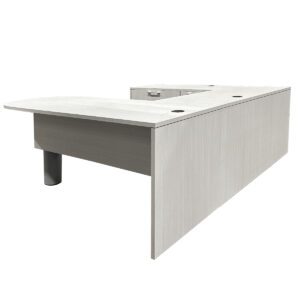 Used Groupe Lacasse U-Shape Desk in White Laminate LH This U-shape desk offers a spacious and practical design in white laminated finish with silver pull handles on storage. Equipped with a 2-drawer lateral and BBF pedestal combo for organized storage, it delivers efficiency and functionality for any office setting. 2-drawer lateral file for large storage capacity Box/Box/File pedestal for smaller items and file organization Left-handed configuration Dimensions: Desk: 70.7/8"W x 29.1/2"D x 29.1/2"H Bridge: 41.1/4"W x 23.5/8"D x 29.1/2"H Ideal for private offices, executive suites, and collaborative workspaces.