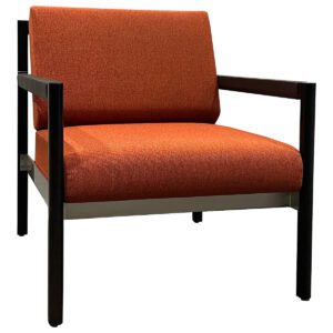 Used Herman Miller Brabo Lounge Chair in Orange Upholstery with Espresso Frame for Geiger International  Crafted for sophistication, the Herman Miller Brabo Lounge Chair for Geiger International offers architectural elegance and comfort. Its orange upholstery, espresso frame, and leather sling arm wrap create a striking combination, with exposed structure and seamless material transitions enhancing its appeal from all angles. Orange upholstery Espresso frame with leather sling arm wrap Dimensions: 26 5/8" W x 33" D x 29 1/4" H Ideal for executive offices, lobbies, and upscale collaborative spaces.