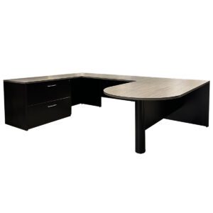 Used 72" W Two-Tone U-Shape Bullet Top Desk with Two-Drawer Lateral File Left-Hand This U-shape desk features a two-tone design with a gray laminated top and a black frame, offering ample workspace and integrated storage for professional environments. U-shape configuration with a bullet top desk Left- Hand Two-drawer lateral file for organized storage. Gray laminated surface with a durable black frame. Dimensions: Desk: 72.1/8"W x 36"D x 28.3/4"H Bridge: 48.1/8"W x 24.1/8"D x 19.3/4"H Return: 72.1/8"W x 24.1/8"D x 28.3/4"H Ideal for offices or executive suites requiring expansive workspace and streamlined organization.