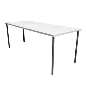 Used White Laminate Table W/ Grey Legs This table features a white laminate surface with grey legs, combining a clean look with sturdy support. White Laminate Top Grey Legs Dimensions: 73" wide x 30" deep x 29" high Ideal for offices, conference rooms, and collaborative workspaces.