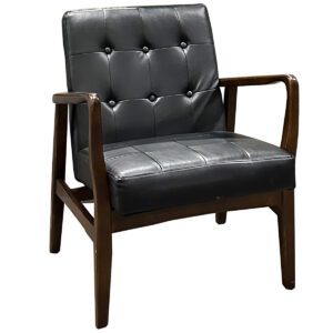 Used French-Style Contemporary Club Chair in Black Vinyl W/ Espresso Frame This club chair combines classic French design with a contemporary edge, featuring a black vinyl seat and espresso-finished frame for a versatile addition to any space. Black vinyl upholstery for durability and style Espresso-finished birch wood frame Well-padded back and seat for comfort Dimensions:  28.25" D x 25.25" W x 31.25" H Seat: 17.25" D x 20.75" W x 17.25" H Arm Height: 25.74" Perfect for lounges, offices, or stylish seating areas.