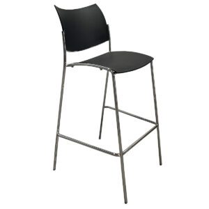 Used Mayline Escalate Stackable Stool in Black W/ Polished Metal Base  This durable stackable stool is designed to enhance comfort and functionality in cafeterias, auditoriums, and conference rooms. Built with a sturdy steel frame to support up to 250 lbs. it includes smooth leg glides that minimize floor scuffs and noise. Stackable up to 8 stools high for easy storage. Steel Frame 250 lbs. Weight Limit Glides  Stackable up- to 8 Dimensions: Width: 21.5" Depth: 23" Height: 43.75" Ideal for spaces needing versatile and efficient seating solutions.