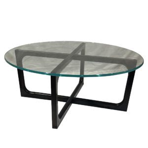 Used 36" W Glass Top Coffee Table with Black Wooden "X" Base This coffee table pairs a clear glass top with a striking black wooden "X" base, adding a contemporary touch to any space while showcasing its clean lines and elegant design. Clear glass top Gloss black wooden "X" base Dimensions: 36" W x 36" D x 14" H Ideal for reception areas, modern office lounges, and collaborative seating spaces.