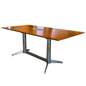 Used 72" W Cherry Conference Table W/ Center Power Box This conference table features a cherry finish and a center power box for convenient access to power outlets. Cherry Finish Center Power Box  Polished Chrome Base Dimensions: 72" wide x 36" deep x 29.5" high Ideal for meeting rooms, boardrooms, and collaborative spaces.