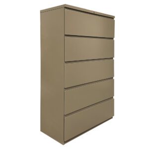 Used 42" W 5-Drawer Lateral File in Tan Finish A 42" wide lateral file offering ample storage for documents and records. Key features include: Five drawers Tan finish Locking system for secure storage Dimensions: 42"W x 19"D x 64"H Perfect for offices, filing rooms, and shared work areas.