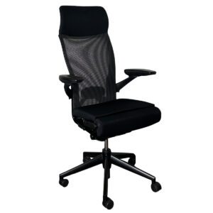 Used Haworth Black Mesh-Back Conference Chair with Lumbar Support & Black Upholstery This ergonomic conference chair from Haworth is designed for comfort and professional aesthetics, featuring a breathable mesh back and integrated headrest. Black mesh back promotes airflow for extended use. Lumbar support enhances posture and comfort. Upholstered black fabric Seat & Integrated Headrest Integrated headrest for additional neck and head support. Overall Dimensions: 23"W x 17"D x 50"H Ideal for conference rooms, boardrooms, and collaborative workspaces.