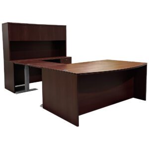 Used 72" W Mahogany Bowfront U-Shape Desk W/ Height Adjustable Bridge & Hutch Enhance your workspace with this mahogany U-shape desk equipped with height adjustable bridge, and bowfront providing a welcoming surface, while the hutch and pedestals provide organized storage. Bowfront design Height adjustable bridge  Left Hand Includes one BBF (Box, Box, File) pedestal and one FF (File, File) pedestal Hutch provides additional overhead storage. Overall Dimensions: 108"W x 70⅞"D x 65½"H Ideal for executive offices and workspaces requiring efficient organization.