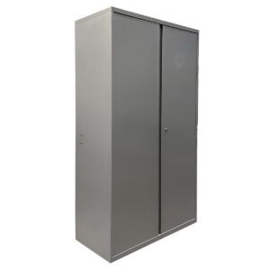 Used 36" W Metal Storage Cabinet in Grey Finish This durable metal cabinet offers practical storage with a sleek grey finish, perfect for keeping your items organized in various settings. Three adjustable shelves for customizable storage. Lockable doors for added security. Sturdy metal construction with a clean grey finish. Dimensions: 36 x 18.1/8"D x 64.1/4"H Ideal for offices, storage rooms, or workshops.