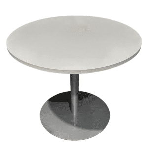 Used 36" Round White Laminated Table With Silver Round Base This round table features a white laminated surface and a silver round base, offering a practical solution for break rooms or collaborative workspaces. White laminated Metal round base in silver finish Dimensions: 36"Diameter x 29"H Perfect for cafes, break rooms, and small meeting areas