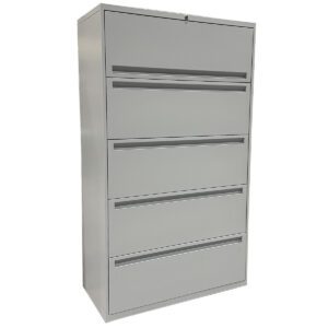 Used Global 36"W 5-Drawer Lateral File in Grey Finish Five-drawer lateral file offering secure, organized document storage. Lockable drawers for security Metal  Grey finish Dimensions: 36"W x 18"D x 63"H Ideal for offices and workspaces needing reliable storage solutions.