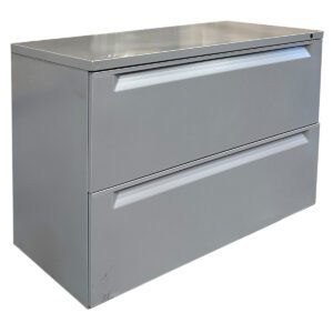 Used 30" W Herman Miller Two-Drawer Metal Lateral File in Grey Finish A practical storage solution featuring a compact design and durable metal construction. Two lateral file drawers Metal  Grey finish Dimensions: 30"W x 19 1/2"D x 26 3/4"H Perfect for organizing files in offices, workspaces, or home offices.