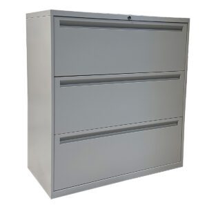 Used Global 36"W 3-Drawer Lateral File in Grey Finish Three-drawer lateral file offering secure, organized document storage. Lockable drawers for security Metal  Grey finish Dimensions: 36"W x 18"D x 39"H Ideal for offices and workspaces needing reliable storage solutions.