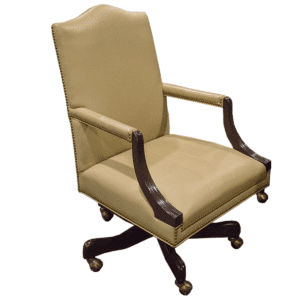Used Traditional Style Conference Chair In Beige W/ Mahogany Frame Add a touch of elegance to your office with this conference chair. Perfect for meetings, it features a beige vinyl seat and back with a sturdy mahogany frame. Classic Design: Traditional style with a mahogany frame. Comfortable: Beige vinyl seat and back. Convenient: Fixed arms for support. Size: 19" Depth x 23" Width x 40" Height. Ideal for any conference room, this chair combines style, comfort, and durability.