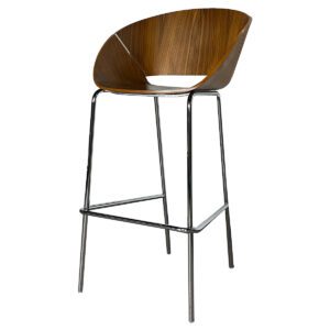 Used Walnut Laminated Bar Height Stool with Polished Metal Frame This bar-height stool combines a sturdy polished metal frame with a walnut laminated seat and back, providing a stylish and practical seating solution for bar areas or counters. Bar-height design suitable for elevated seating needs Walnut laminate seat and back for easy maintenance Polished metal frame for stability and a modern touch Dimensions: 23.1/4"W x 16.5/8"D x 42.1/2"H Perfect for breakrooms, lounges, and casual meeting spaces.