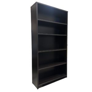 Used 36" W Adjustable 5-Shelf Bookcase in Black Woodgrain Finish This sleek bookcase in a black woodgrain finish offers adjustable shelving to suit your storage and display needs. Four shelves, adjustable for flexible configurations. Black woodgrain laminate finish. Compact and functional design. Dimensions: 35.7/8"W x 12"D x 71"H Perfect for offices, home libraries, or professional settings.