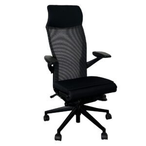 Used Haworth Black Mesh-Back Conference Chair W/ Integrated Headrest - Black/ Navy Upholstery This ergonomic conference chair from Haworth is designed for comfort and professional aesthetics, featuring a breathable mesh back and integrated headrest. Black mesh back promotes airflow for extended use. Upholstered black fabric Seat & Integrated Headrest Integrated headrest for additional neck and head support. Overall Dimensions: 23"W x 17"D x 50"H Ideal for conference rooms, boardrooms, and collaborative workspaces.