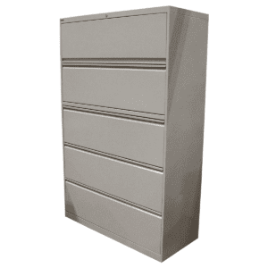 Used 43" W Group Lacasse Gray 5 - Drawer Lateral File This 5-drawer lateral file offers ample storage with a sleek gray finish, designed for organizing documents in an accessible manner. The durable construction ensures lasting reliability in busy office environments. 5 spacious drawers Secure file storage Dimensions: 43"W x 19"D x 66"H Ideal for offices, file rooms, and other professional workspaces.