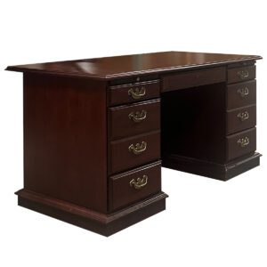 Used Indiana Furniture Traditional Mahogany Double Pedestal Desk W/ Center Pencil Drawer This 60" wide double pedestal desk pairs traditional style with efficient functionality. Includes a center pencil drawer, a Box/Box/File pedestal, and a File/File pedestal for organized storage. Mahogany finish Center pencil drawer Box/Box/File pedestal File/File pedestal Dimensions: 60"W x 29.7/8"D x 29.1/2"H Perfect for executive offices, private workspaces, and professional settings.