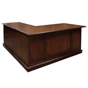 Used Indiana Furniture L-shape Double Pedestal Desk Right-Handed This 66″ wide double pedestal l-shape desk pairs traditional style with efficient functionality. Includes a center pencil drawer, and two Box/Box/File pedestal for organized storage. Center Pencil Drawer Right-Handed Mahogany finish Double pedestal (Box, Box, File)  Dimensions: Desk: 66"W x 30"D x 29.1/2"H \ Return: 45"W x 24"D x 29.1/2"H Ideal for executive offices and private workstations.