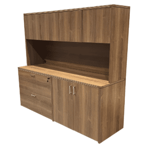 Used Cherryman Walnut Credenza with Hutch - Two Drawer Lateral & Cabinet Combo This Cherryman credenza combo includes a two-drawer lateral file and two door cabinet, providing space for both files and supplies. The attached hutch adds vertical storage with open shelving, maximizing workspace organization. Two-drawer lateral file and cabinet for storage Hutch provides additional shelving and storage space Dimensions: Credenza: 71"W x 22.5"D x 29"H Hutch: 71"W x 15"D x 36"H Perfect for commercial office spaces and executive work areas.