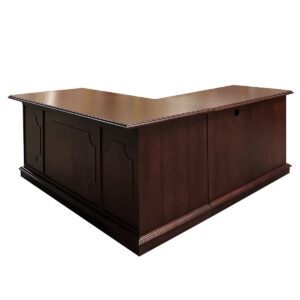 Used Indiana Furniture L-shape Double Pedestal Desk Left-Handed This 66″ wide double pedestal l-shape desk pairs traditional style with efficient functionality. Includes a center pencil drawer, and two Box/Box/File pedestal for organized storage. Center Pencil Drawer Left-Handed Mahogany finish Double pedestal (Box, Box, File) Dimensions: Desk: 66"W x 30"D x 29.1/2"H Return: 45"W x 24"D x 29.1/2"H Ideal for executive offices and private workstations.