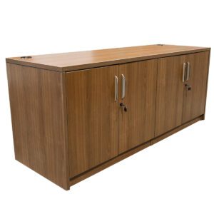 Used 72" W Light Walnut Laminated Credenza W/ Chrome Pulls This credenza features a light walnut laminate finish with chrome pulls, combining durability with a modern aesthetic. Light Walnut Laminated Finish Chrome Pulls Spacious Storage Dimensions: 72" wide x 24" deep x 30" high Ideal for executive offices, conference rooms, and reception areas.