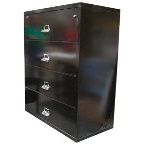 Used Fire King 4-Drawer Lateral File In Black This Fire King lateral file cabinet offers secure, fire-resistant storage with four spacious drawers in a durable black finish. Fire-Resistant Construction Four Spacious Drawers Black Finish Dimensions: 44" wide x 22" deep x 53" high Perfect for secure document storage in offices and commercial spaces.