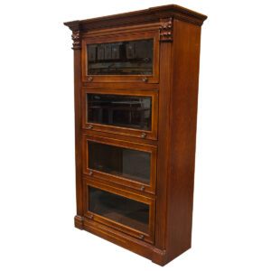 Used 44"W Mahogany Barrister Bookcase with Glass Door This classic barrister bookcase offers a refined and sophisticated storage solution, ideal for professional office settings. Traditional Mahogany finish Glass doors Dimensions: 44" W x 19"D x 79" H Ideal for law offices, executive suites, and upscale workspaces.