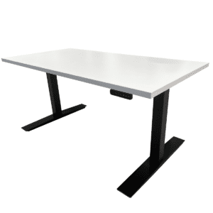 New AIS Alof Style 58"W 2-Stage Height Adjustable Desk W/ Black Base This height-adjustable desk features a white laminate surface, a sturdy silver base, and a square leg design. It includes a programmable control pad for easy adjustments and supports up to 250 lbs. White Laminate Surface Black Base 2-Stage Height Adjustable (26" - 43" High) Square Leg Design Programmable Control Pad 250 lb Weight Capacity Dimensions: 58" wide x 29" deep- 26" - 45"H Ideal for private offices, and workspaces.