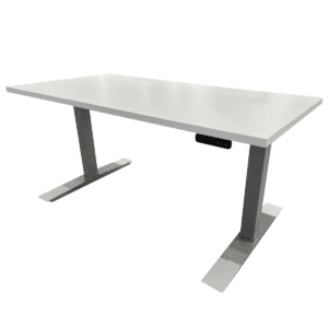 New AIS Alof Style 58" Wide 2-Stage Height Adjustable Desk W/ Silver Base This height-adjustable desk features a white laminate surface, a sturdy silver base, and a square leg design. It includes a programmable control pad for easy adjustments and supports up to 250 lbs. White Laminate Surface 2-Stage Height Adjustable (26" - 43" High) Square Leg Design Programmable Control Pad 250 lb Weight Capacity Dimensions: 58" wide x 29" deep- 26" - 45"H  Ideal for private offices, and workspaces.