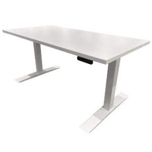 New AIS Alof Style 58"W 2-Stage Height Adjustable Desk W/ White Base This height-adjustable desk features a white laminate surface, a sturdy silver base, and a square leg design. It includes a programmable control pad for easy adjustments and supports up to 250 lbs. White Laminate Surface White Base 2-Stage Height Adjustable (26" - 43" High) Square Leg Design Programmable Control Pad 250 lb Weight Capacity Dimensions: 58" wide x 29" deep- 26" - 45"H Ideal for private offices, and workspaces.