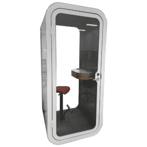 Used Framery O Series Phone Booth In White With Built In Seat and Countertop  Designed for efficient use of floor space, this one-person soundproof pod ensures speech privacy and excellent acoustics. Ideal for quick phone calls, video meetings, and focused work. Soundproof Office Phone Pod Speech Level Reduction: 30dB Automatic Ventilation Award-Winning Design Optimized Lighting & Acoustics Power Outlets with Optional USB Built In Seat & Countertop Anti-Static & Stain Resistant Carpet Dimensions: 40" wide x 40" deep x 87" high Perfect for solo workspaces in any office setting.