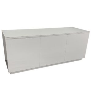 Used 72" W White Credenza W/ White Glass Top Spacious and functional, this white credenza includes organized compartments for office essentials. Left pull-out drawer with trash and recycle receptacle Center two-shelf cabinet for storage Right Cabinet open space for computer or technology setup Dimensions: 72"W x 24"D x 30"H Ideal for streamlined office setups needing designated storage and tech space.