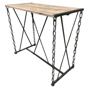 Used 48"W Industrial Console Table with Chain Base This 48-inch industrial console table features a unique chain base design in a rustic oak surface for a striking addition to any space. Rustic oak finish Unique chain base design adds an industrial touch Sturdy metal construction supports various uses Dimensions: 48"W x 24"D x 42"H Perfect for entryways, living areas, and commercial environments.