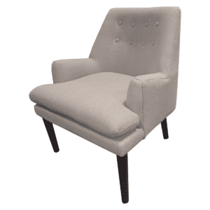 Used Madison Park Taylor Mid-Century Accent Chair Upholstered In Grey This mid-century modern lounge chair features a solid wood frame and classic button tufted upholstery, adding style and comfort to any space. Tight back upholstery with button tufted detailing Attached cushion for a clean look High-density foam provides firm support that softens over time for ultimate comfort Maximum weight capacity: 300 lbs Dimensions: 28.5" W x  26.75" D x 31.5" H (Seat height: 19") Ideal for waiting areas, reception rooms, and private office lounges.