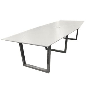 Used 10' W Clear Design Three60 Conference Table In White  This Three60 conference table features a knife-edge laminate surface in white and a metal base in silver, including a center power module for convenient access to power during meetings. White laminated surface Knife-edge  Center power module Dimensions: 121"W x 48"D x 29"H Perfect for commercial conference rooms, collaborative spaces, and team meetings.