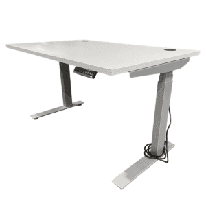 Used 48"W Height Adjustable Table in White With 4 Programmable Presets This 48-inch height adjustable table includes a white surface and a silver frame, offering height adjustments from 24" to 51" with 4 programmable presets. White laminate surface  Silver height adjustable frame Adjustable height ranges from 24" to 51" H with 4 programmable presets Dimensions: 48"W x 30"D x 24"H/51"H Perfect for commercial offices and home workstations.