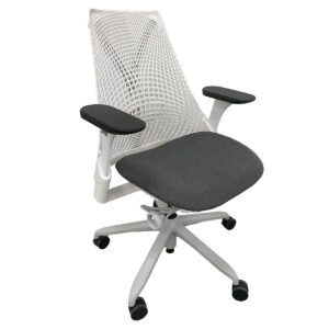 Used Herman Miller Sayl Task Chair With Grey Upholstered Seat Engineered for dynamic support, the Herman Miller Sayl Task Chair combines a 3D Intelligent suspension back with ergonomic design, offering flexible comfort and passive PostureFit sacral support. Grey upholstered seat Black Padded arms 3D Intelligent suspension back for adaptable support Passive Posture Fit promotes natural spine alignment Dimensions: 23.1/2"W x 22"D x 38.1/2"H Ideal for workstations, home offices, and collaborative spaces where comfort and movement are prioritized.