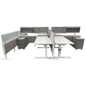 Used 6x6 Haworth Compose Height Adjustable Desk with Upper Storage and BBF Pedestal Compose offers more than standard workstations—its flexibility and integrated amenities foster dynamic work environments. This model includes frosted glass panels, grey woodgrain laminate finishes, white height-adjustable desks, and grey upholstered dividers. Frosted Glass Mobile BBF In Grey Finish VARI Desktop Power Upper Storage On Spine Dimensions: 6x6 Overall Height From Floor - Glass Height: 40"H Height From Floor- Divider Height: 42.5"H Height From Floor- Spine Height: 48"H Height Adjustable Desk Dimensions: 64"W x 29"D Configuration: Sold In Pods Of Four Sold In Run Of Two Ideal for offices, collaborative spaces, and executive suites.