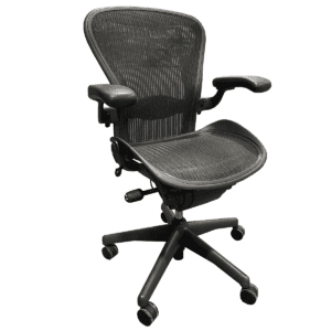 Used Herman Miller Aeron "B"- Two Function Task Chair In Black This ergonomic task chair from Herman Miller’s Aeron series is designed to provide comfort and support with its adjustable lumbar and height adjustable seat. Adjustable Lumbar Support Adjustable Seat Height Adjustable Seat Angle  Dimensions: 26″ wide x 11″ deep x 36″ high Ideal for office workspaces